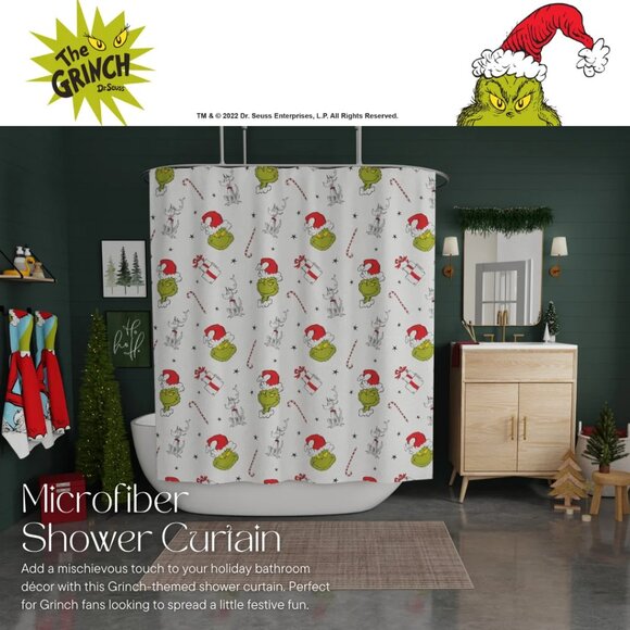 Dr. Seuss The Grinch Shower Curtain 72”x72” Christmas Max Candy Canes Presents - Picture 2 of 4